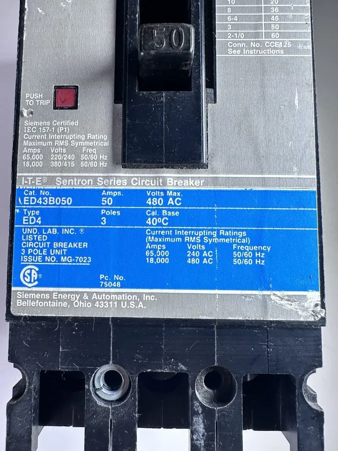 Автоматический выключатель Siemens ED42B050 50 Amp 2 Pole 480VAC Type ED4 Sentro
