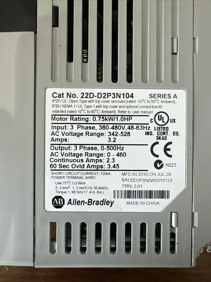 Частотный преобразователь Allen-Bradley 22D-D2P3N104 Series A PowerFlex 40P 0.75