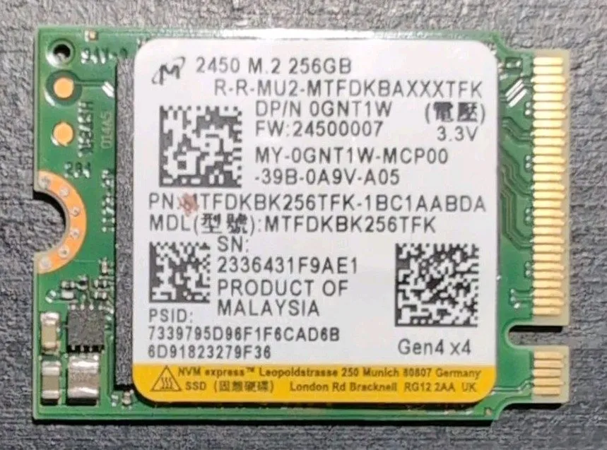SSD-накопитель { x} Micron 2450 256GB M.2 2230 PCIe Gen4 x4 NVMe SSD MTFDKBK256T