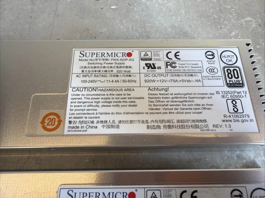 Блок питания Supermicro PWS-920-SQ / 920W High Efficiency Server Power Supply — фото лота 1