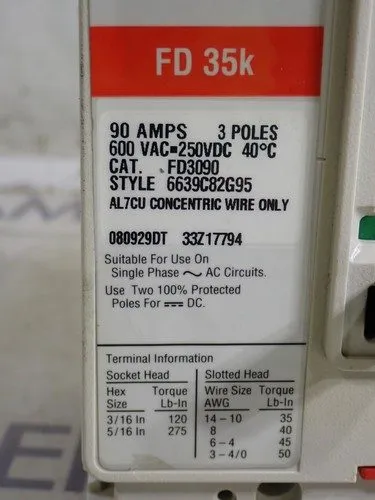 Автоматический выключатель Cutler Hammer FD3090 3 pole 90 amp 25kA@480v FD Circu