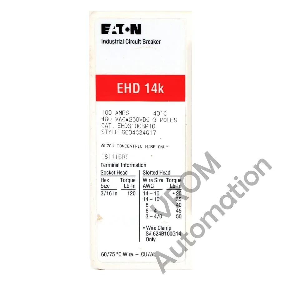 Автоматический выключатель EHD3100BP10 Eaton Circuit Breaker 100A 480V 3P Condit — фото лота 1