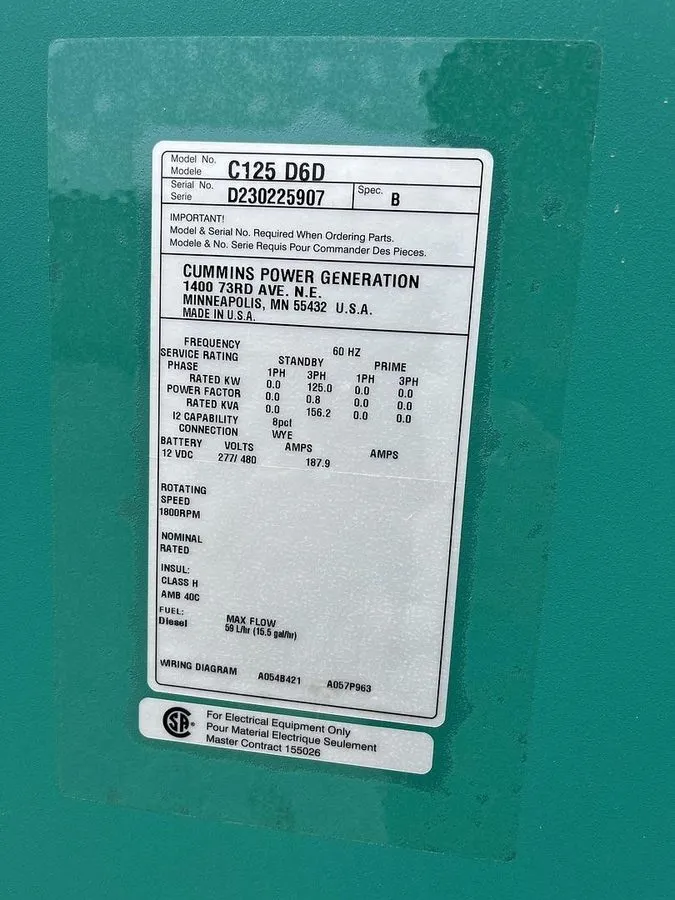 Дизель-генератор 125kW Cummins C125 D6D Spec. B Stationary Diesel Generator — фото лота 1