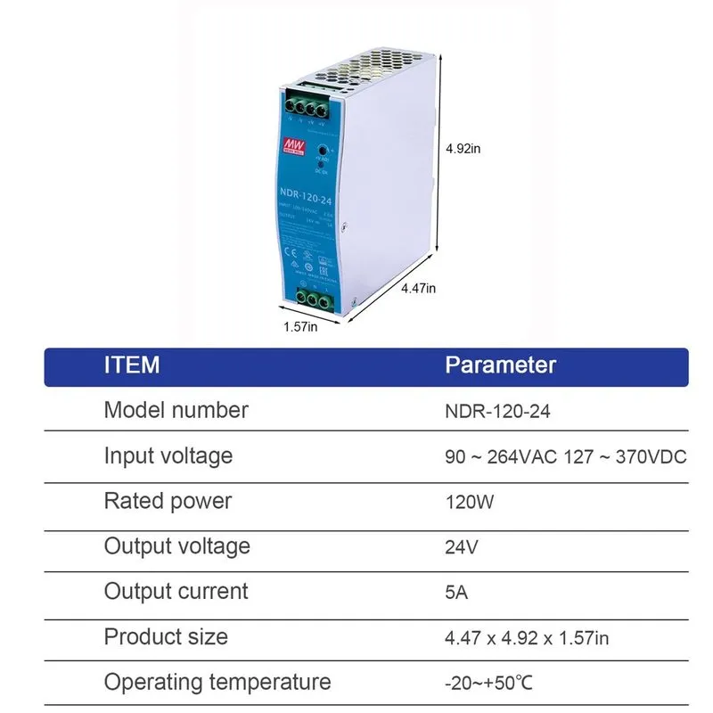 Блок питания NDR12024 24VDC DIN Rail Power Supply 120W 24V 5A Output 120VAC To — фото лота 4
