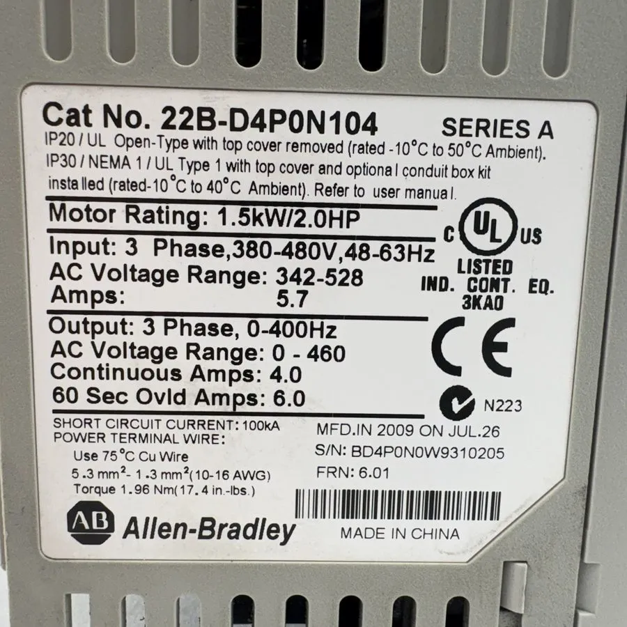 Частотный преобразователь Allen-Bradley 22B-D4P0N104 PowerFlex 1.5 kW 2 HP AC Dr