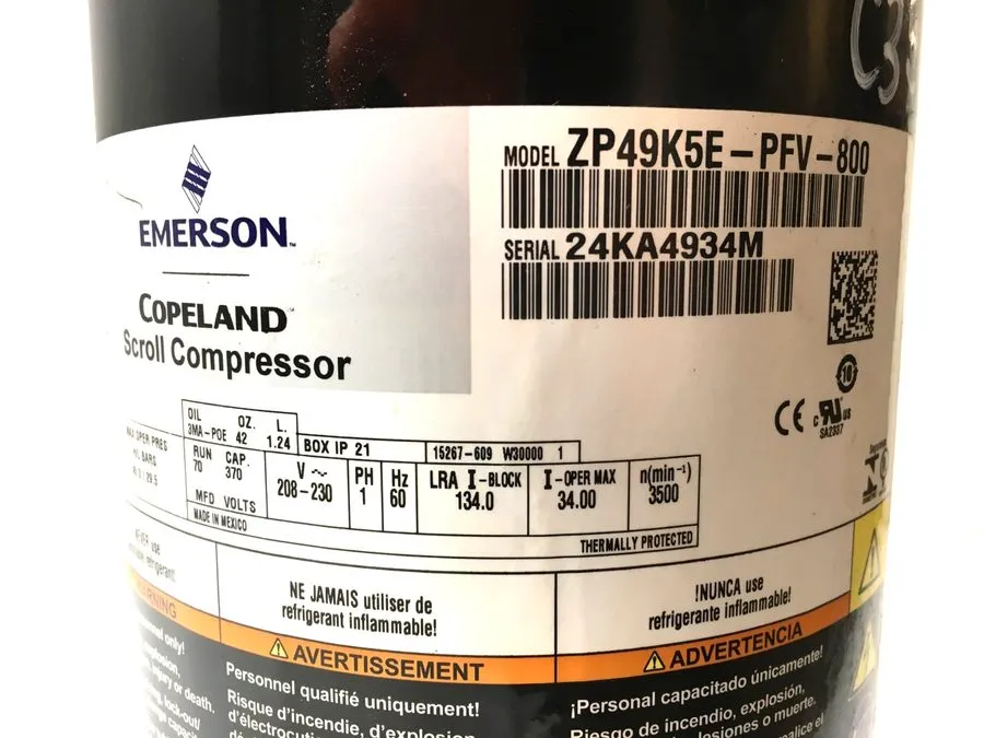 Компрессор Copeland 49,000 Btu Scroll Compressor ZP49K5E-PFV-800 — фото лота 1