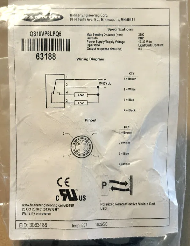 Фотоэлектрический датчик Banner QS18VP6LPQ5 Photoelectric Sensor 10-30 VDC (TSC)