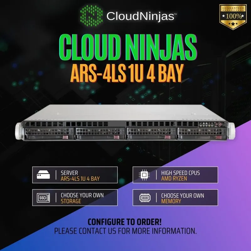 Сервер Cloud Ninjas ARS-4LS 1U 4 Bay Server AMD Ryzen 9 9950x 16 Core DDR5 ECC N — фото лота 1