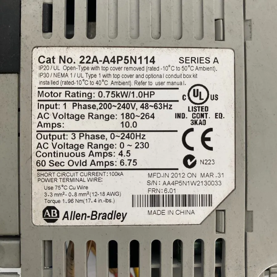 Частотный преобразователь Allen Bradley 22A-A4P5N114 Ser A PowerFlex 4 240V 4.5A