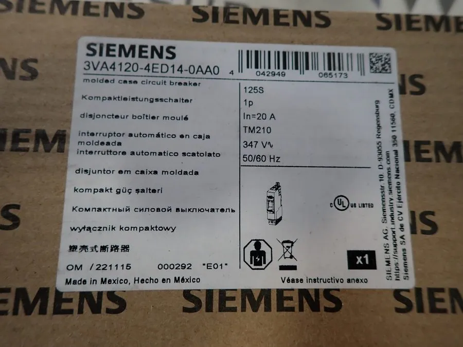 Автоматический выключатель Siemens 3VA4120-4ED14-0AA0 1 pole 20 amp 25kA@277v Bo