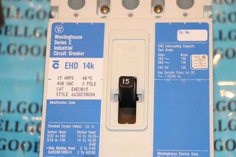 Автоматический выключатель EATON CUTLER HAMMER EHD3015 15A 3-POLE 480V F-FRAME C