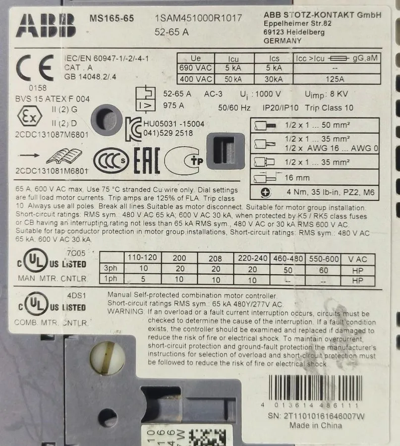 Автоматический выключатель ABB MS165-65 52-65A 1SAM451000R1017 Motor Protection