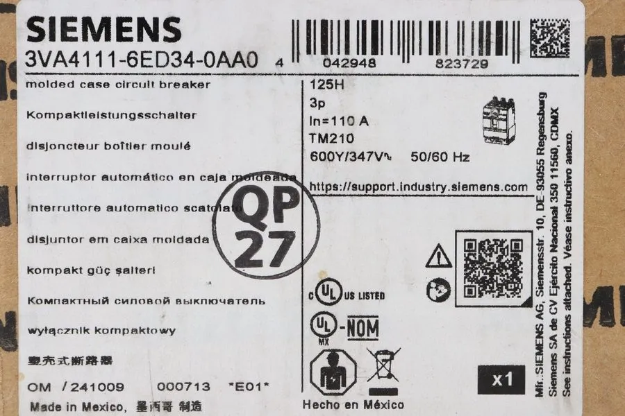 Автоматический выключатель SIEMENS 3VA4111-6ED34-0AA0 ,CIRCUIT BREAKER, 3P/110A 