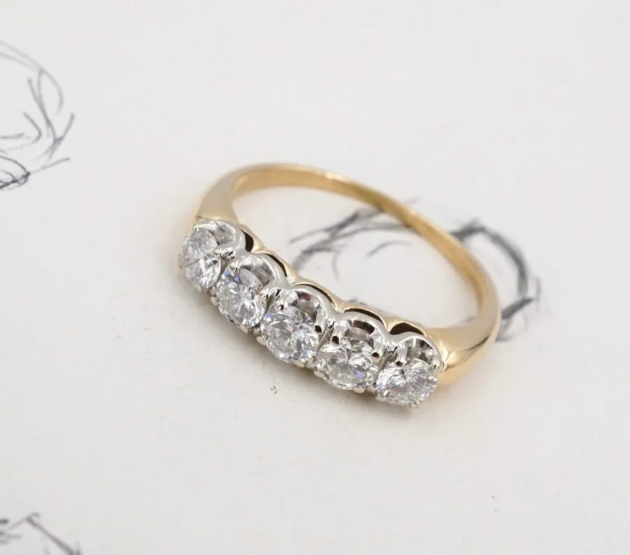 Оборудование Vintage 14k 5 Stone Diamond Stacker Band Ring 2-Tone Gold Size 7.25