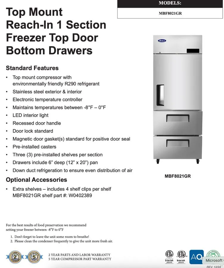 Чиллер 1 Door Reach In Freezer 2 Drawer Chiller Stainless NSF Atosa MBF8021GR #4 — фото лота 2