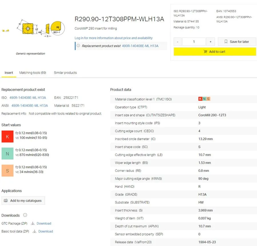 Режущий инструмент SANDVIK R290.90-12T308PPM-WL H13A INSERT