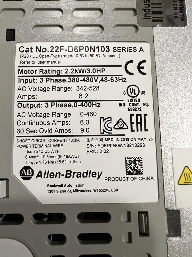 Частотный преобразователь ALLEN BRADLEY POWERFLEX 4M 22F-D6PON103 2.2KW/3.0HP 3P — фото лота 1