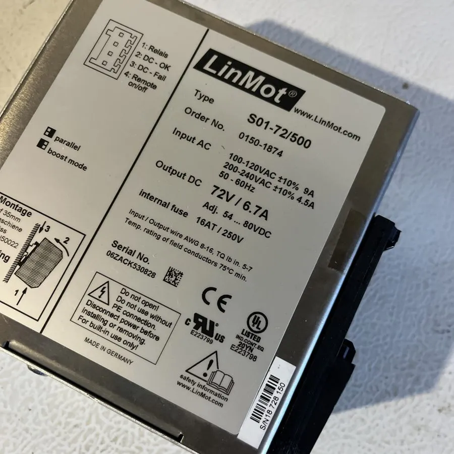 Блок питания LinMot S01-72/500 Switching Power Supply 72V 6.7A 480W 100-240VAC D — фото лота 1