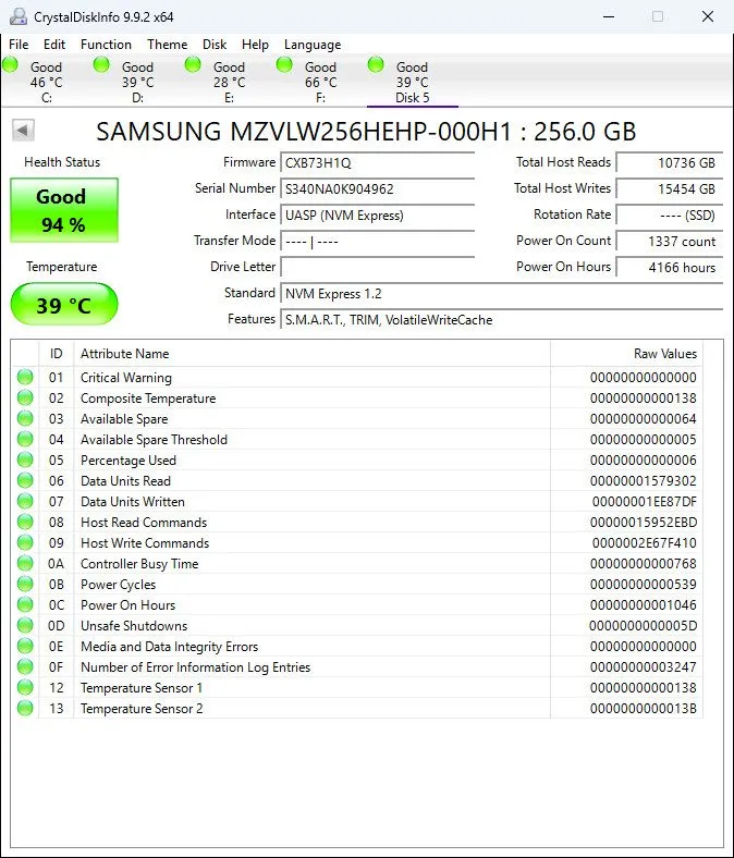 SSD-накопитель Samsung PM961 256GB M.2 2280 NVMe PCIe SSD MZVLW256HEHP 99% Healt