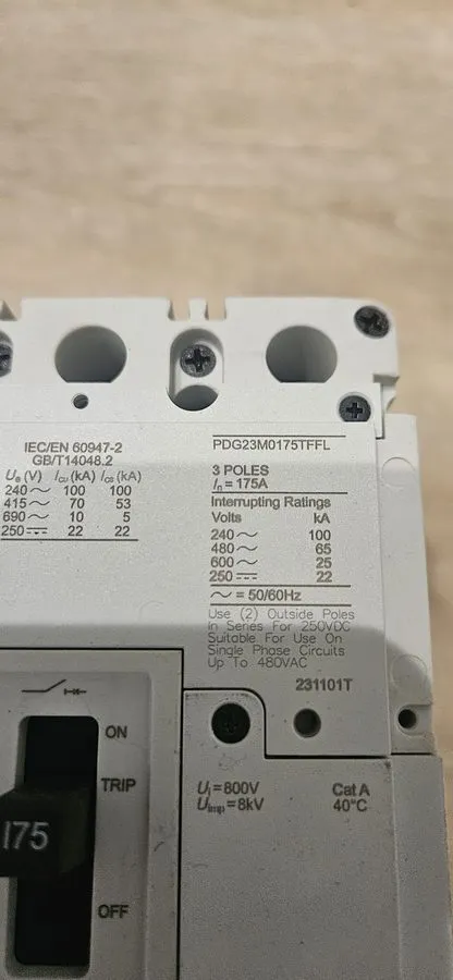 Автоматический выключатель EATON PDG23M0175TFFL 3P 175A 65KAIC@480V POWER DEFENS — фото лота 2