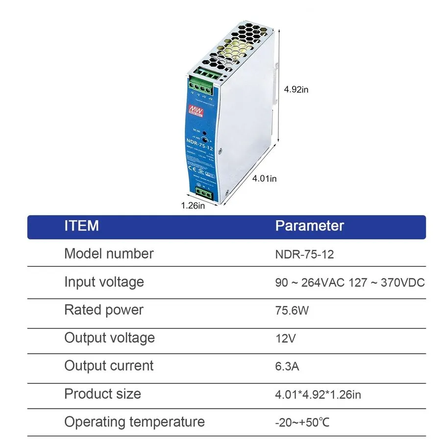 Блок питания 6.3Amp 75 Watt Industrial DIN Rail Power Supply ouput 12V NDR-75-12