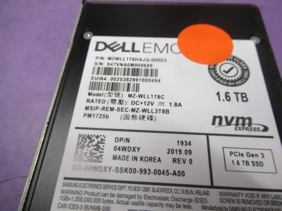 SSD-накопитель 4WDXY DELL SAMSUNG PM1725B 1.6TB NVME PCIe U.2 2.5'' Enterprise S