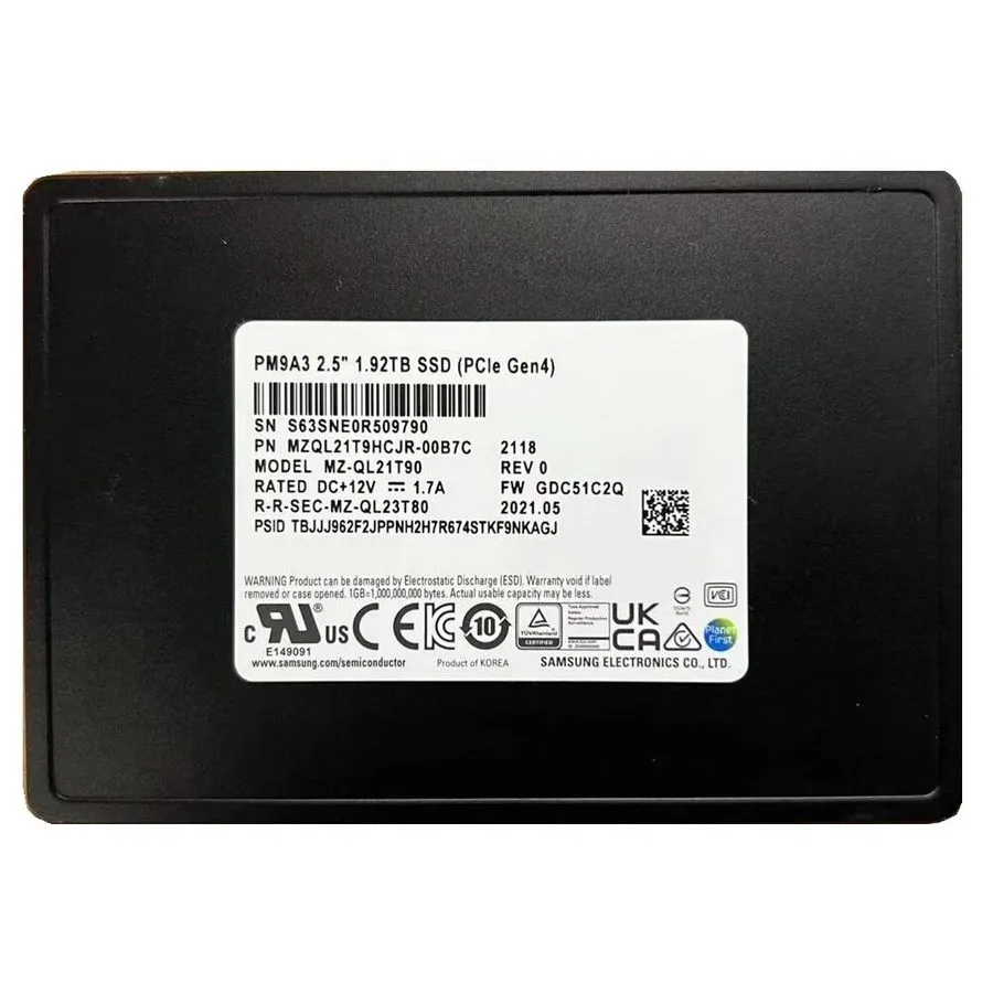 SSD-накопитель Samsung PM9A3 1.92TB U.2 SSD PCIE 4.0 NVME MZ-QL21T90 MZQL21T9HCJ