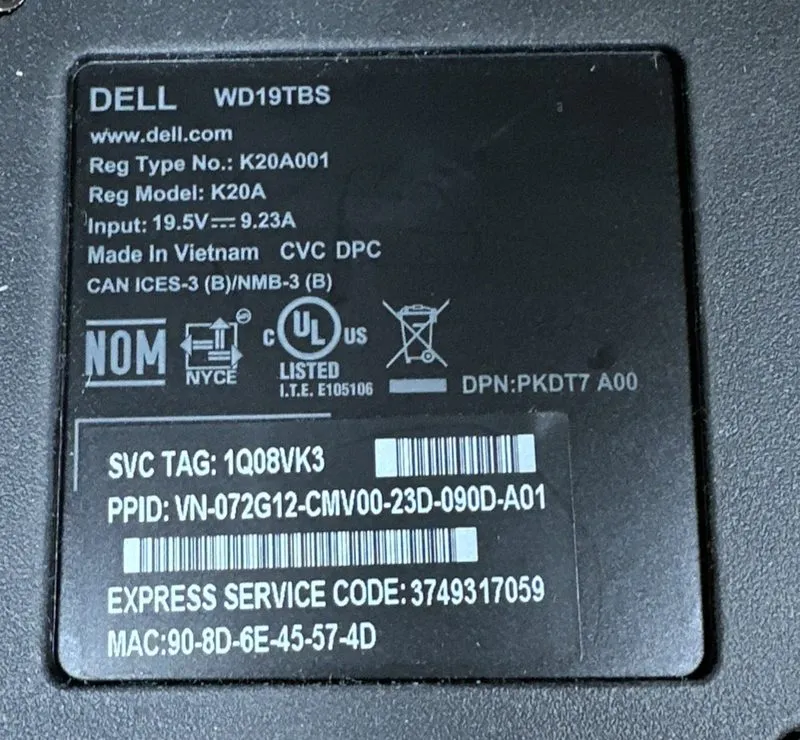 Док-станция Dell WD19TBS Thunderbolt USB 3.0 USB-C Docking Station w/180W — фото лота 3