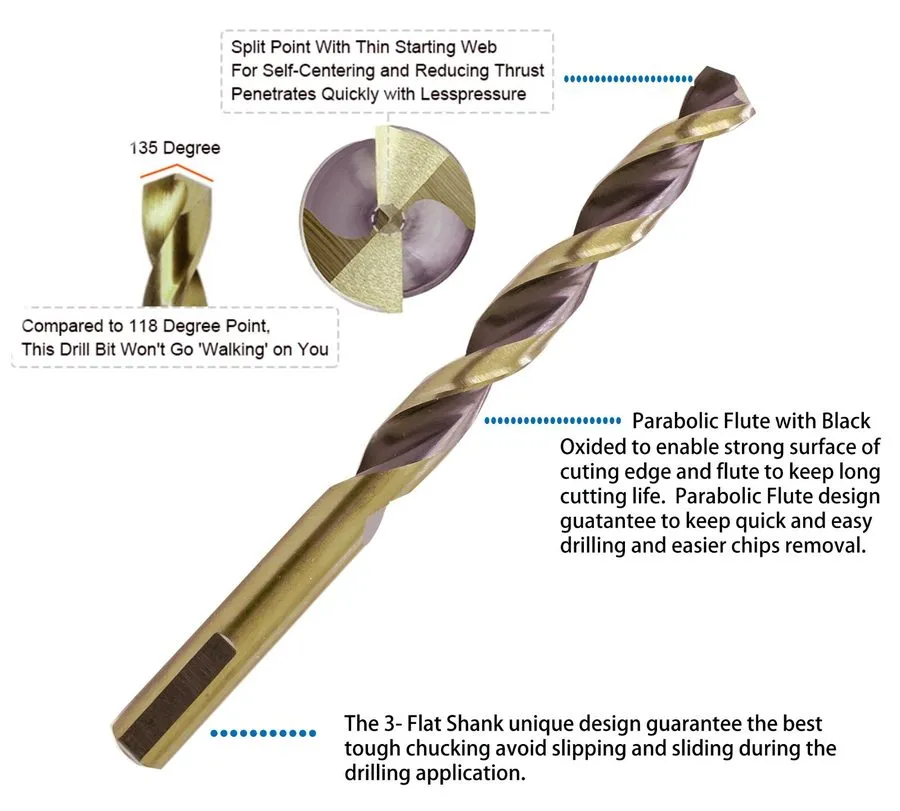 Режущий инструмент HSS Drill Bit Set 7/32" Parabolic Flute Gold/Black Jobber 3 F — фото лота 2