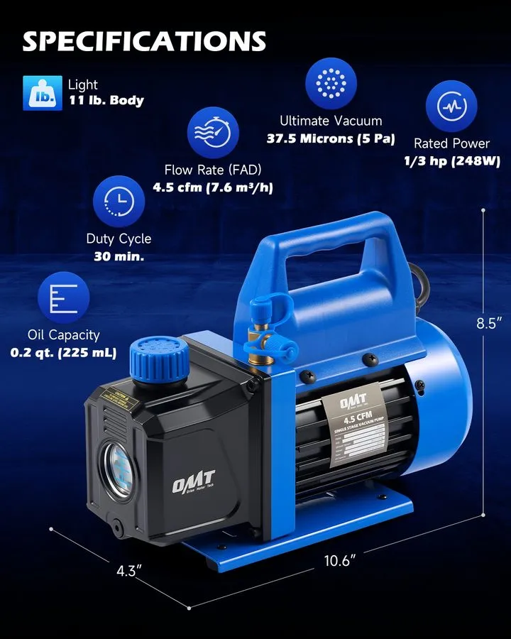 Насос OMT 4.5CFM Vacuum Pump Single Stage 1/3HP Rotary Vane Deep HVAC AC Conditi