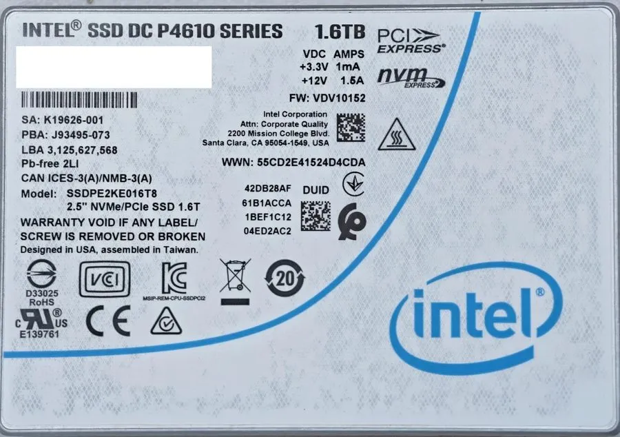 SSD-накопитель Intel DC P4610 1.6TB 2.5" NVMe U.2 SSD SSDPE2KE016T8 Enterprise S