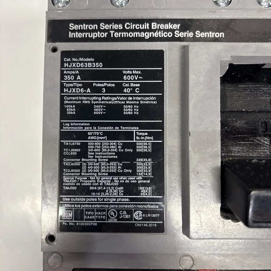 Автоматический выключатель Siemens HJXD63B350 3-Phase 350Amp 600V Sentron Series