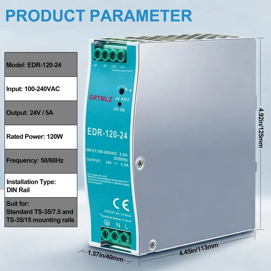 Блок питания EDR12024 Single Output DIN Rail Power Supply 24V 5 Amp 120W Transfo — фото лота 2