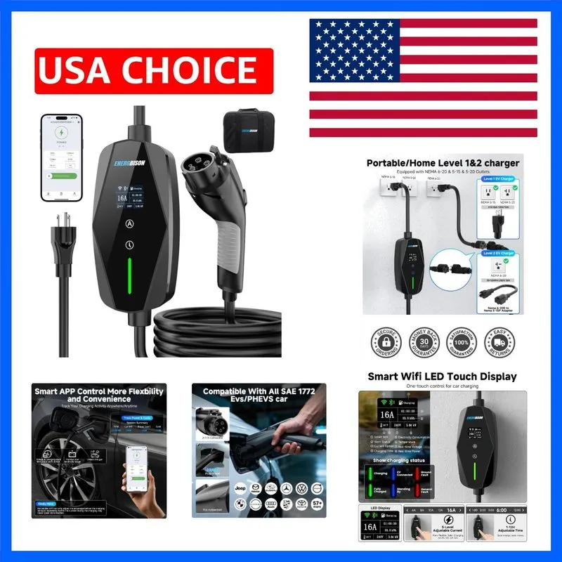 Аккумулятор 2026 Upgraded Level 1&2 Portable EV Charger, 8-16Amp Adjustable Curr