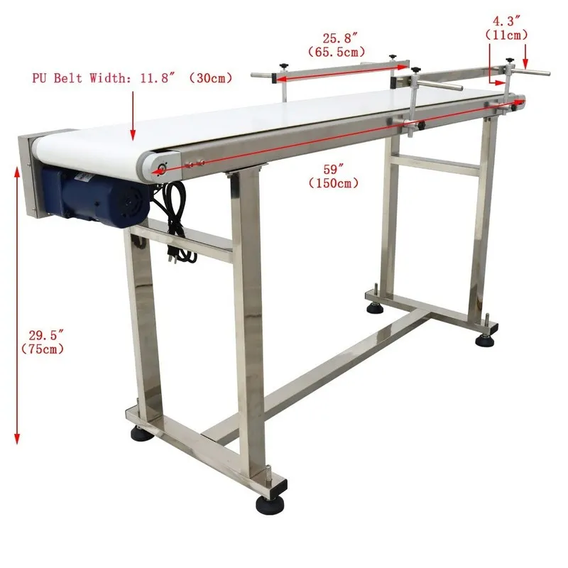 Конвейер 110V PU Belt Conveyor Double Guardrail SS Conveyor Machine 59*11.8in 0-