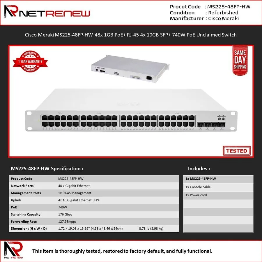Коммутатор Cisco Meraki MS225-48FP-HW 48-Port PoE+ Gigabit Switch 740W 10G SFP+ 