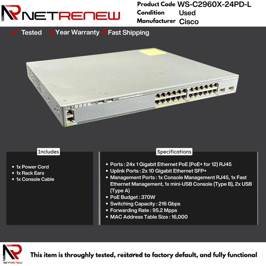 Коммутатор Cisco 2960-X Series 24 Port 370W PoE+ Switch, WS-C2960X-24PD-L