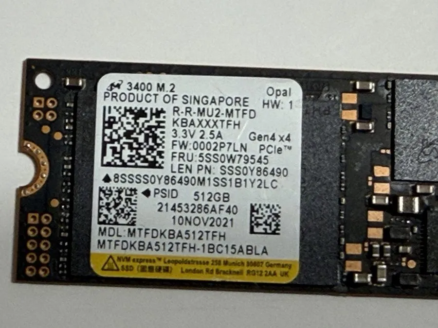 SSD-накопитель Micron 512GB M.2 NVMe SSD Solid State Drive Wiped MTFDKBA512TFH