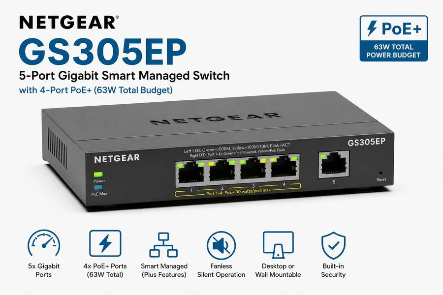 Коммутатор NETGEAR GS305EP Smart Managed Switch 5-Port Poe Gigabit Ethernet 63W