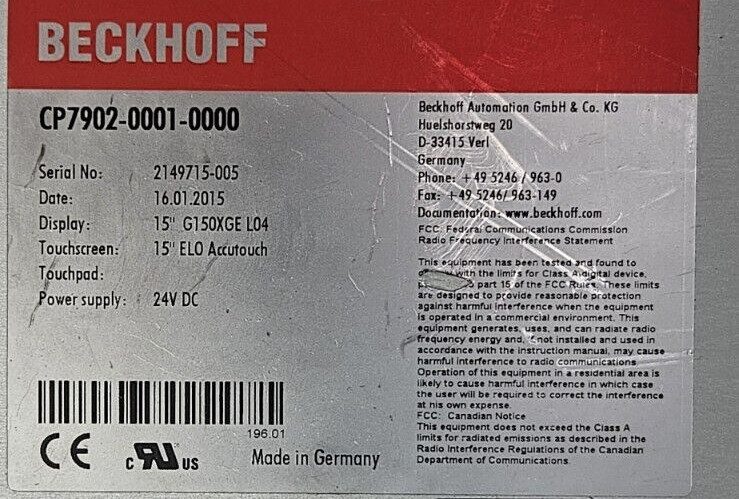 Панель оператора Beckhoff CP7902-0001-0000 Display Touchscreen 15" (BIN655)