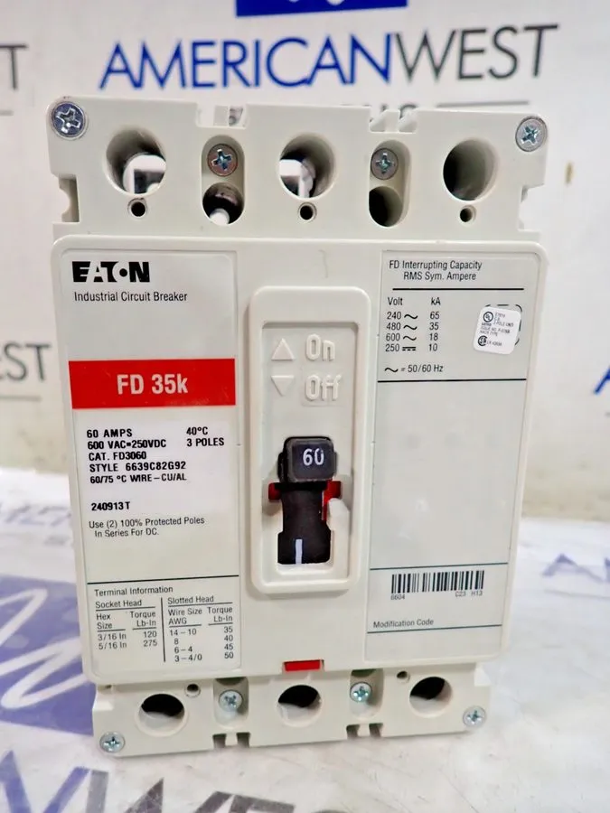 Автоматический выключатель EATON CUTLER HAMMER FD3060 60 AMP 600 VOLT CIRCUIT BR — фото лота 1