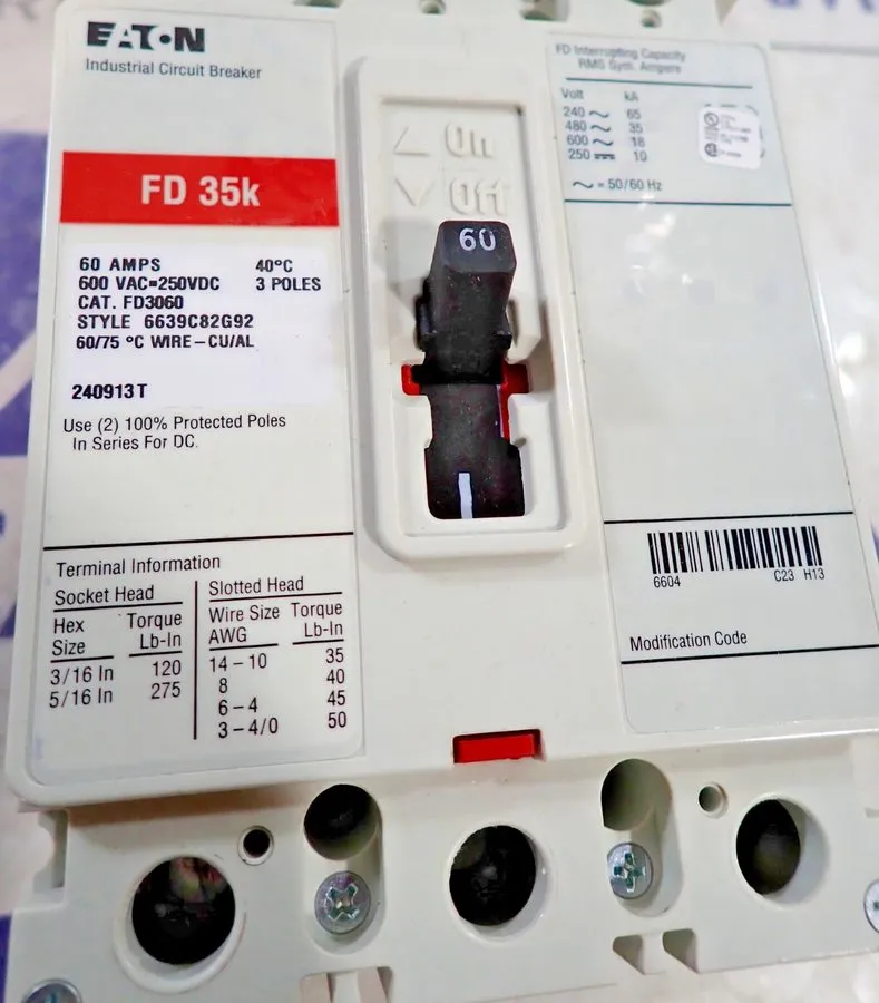 Автоматический выключатель EATON CUTLER HAMMER FD3060 60 AMP 600 VOLT CIRCUIT BR — фото лота 2