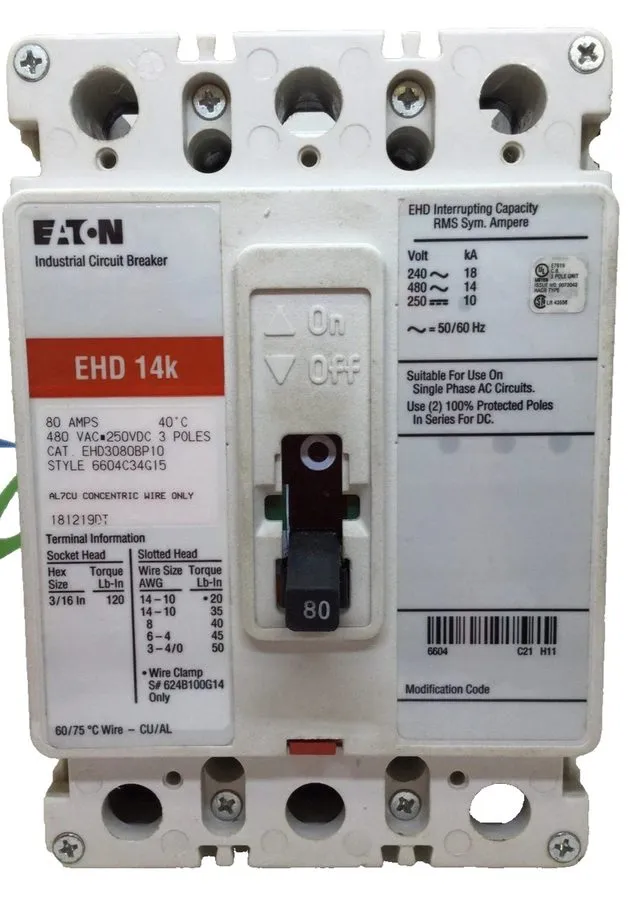 Автоматический выключатель Eaton EHD3080BP10 80 Amp 3 Pole 240/480V Circuit Brea — фото лота 1