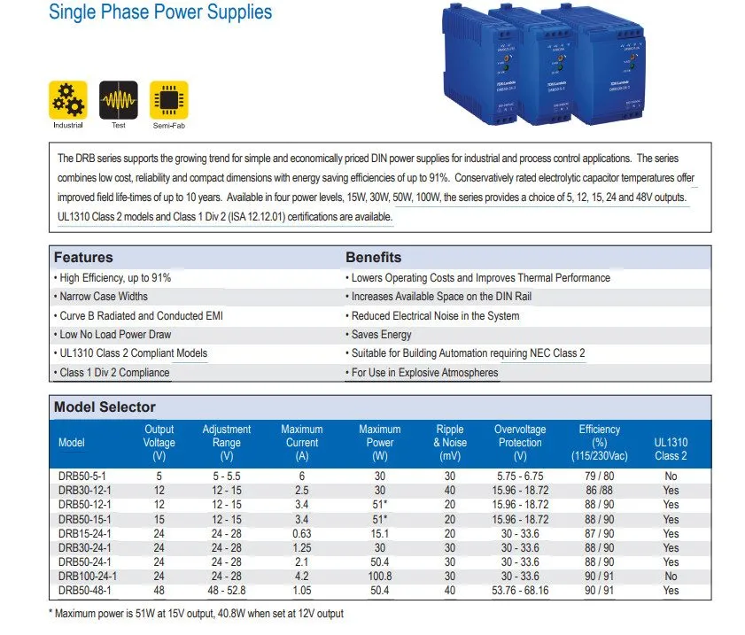 Блок питания TDK-Lambda DRB50-48-1 50W 48V 1.05A Class 2 DIN Rail Power Supply — фото лота 1