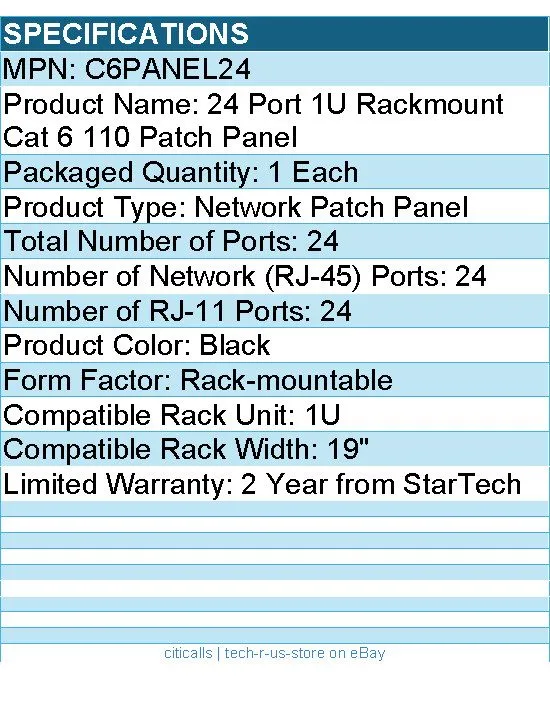 Патч-панель StarTech 24 Port 1U Rackmount Cat 6 110 Patch Panel (C6PANEL24)