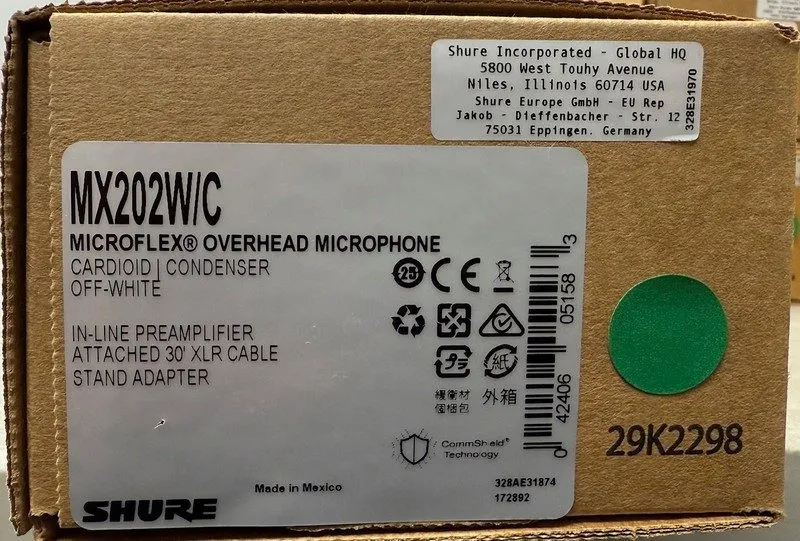 Микрофон SHURE MX202W/C MICROFLEX OVERHEAD MICROPHONE, CARDIOID CONDENSER, OFF-W