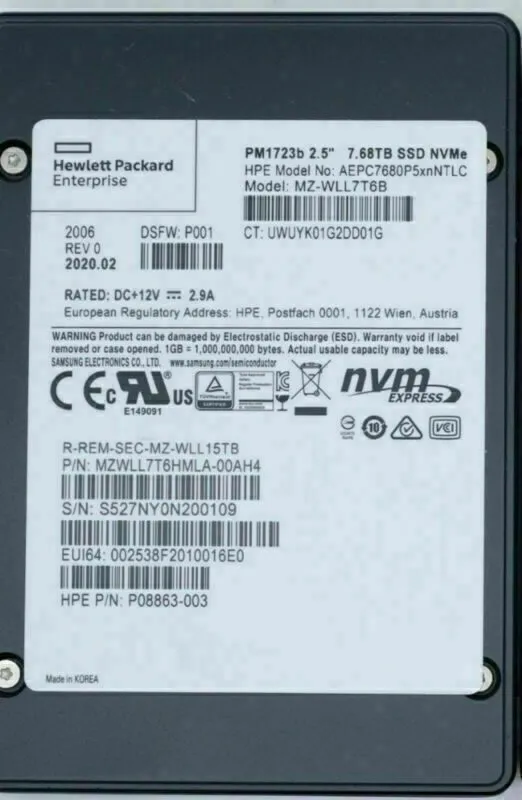 SSD-накопитель Samsung PM1723b 7.68TB SSD NVME MZ-WLL7T6B U.2 MZWLL7T6HMLA-000H3