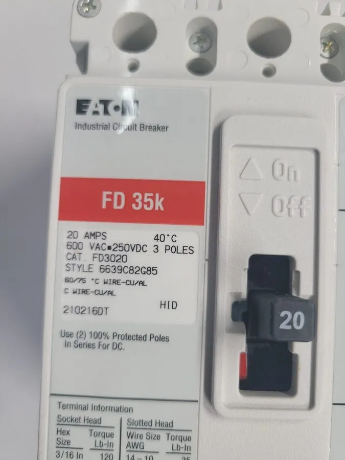 Автоматический выключатель EATON IND CIRCUIT BREAKER, FD3020, 20 A, 3 P, 480 V,