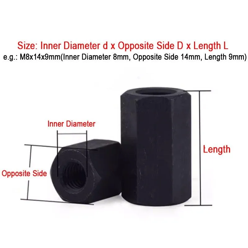 Датчик M8 M10 M12-M48 45# Steel Black Hex Connector Nuts Threaded Rod Couplers L