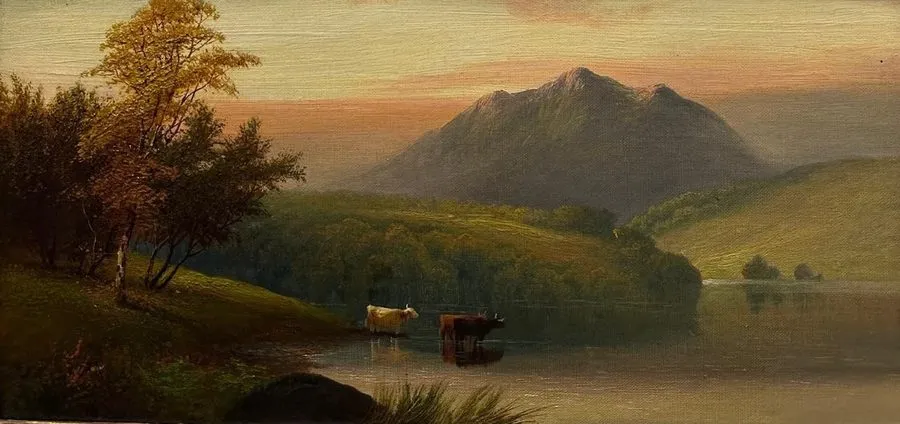 Плата William Mellor (1851-1931) : Cattle Watering In A Lake Oil On Board Signed — фото лота 1
